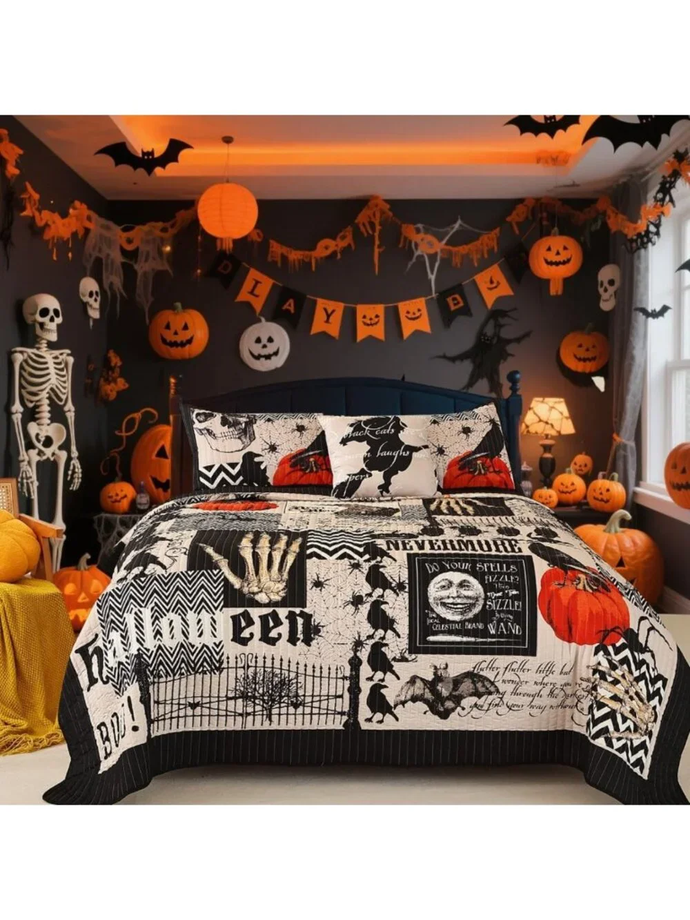 Queen Halloween Quilt Set - 4 Piece Pumpkin & Ghost Bedspread with Pillow Shams